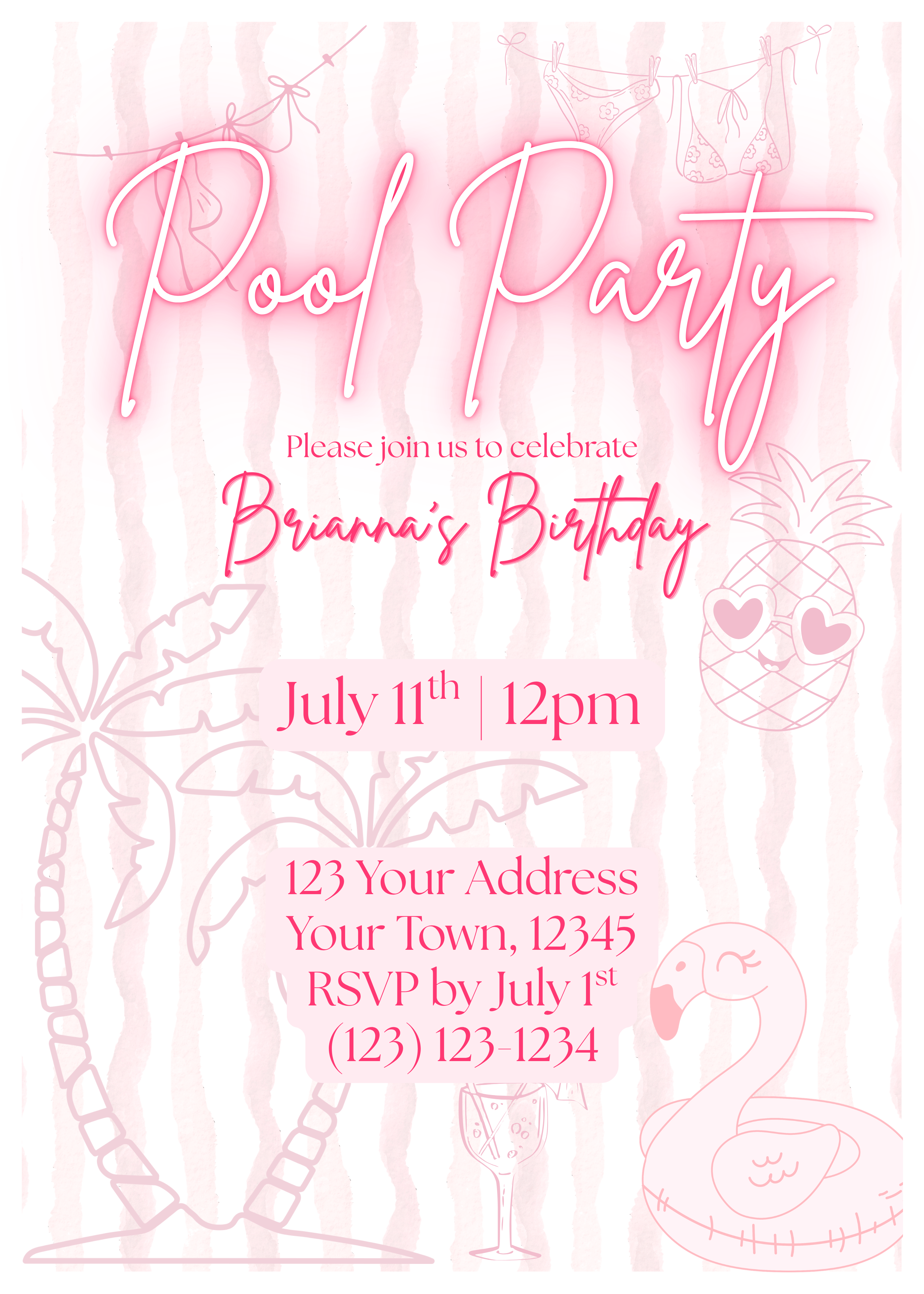 Pink Pool Party Birthday Invitation Template | Editable Summer Pool Invite | Tropical Flamingo Birthday Invite | Canva Digital Download